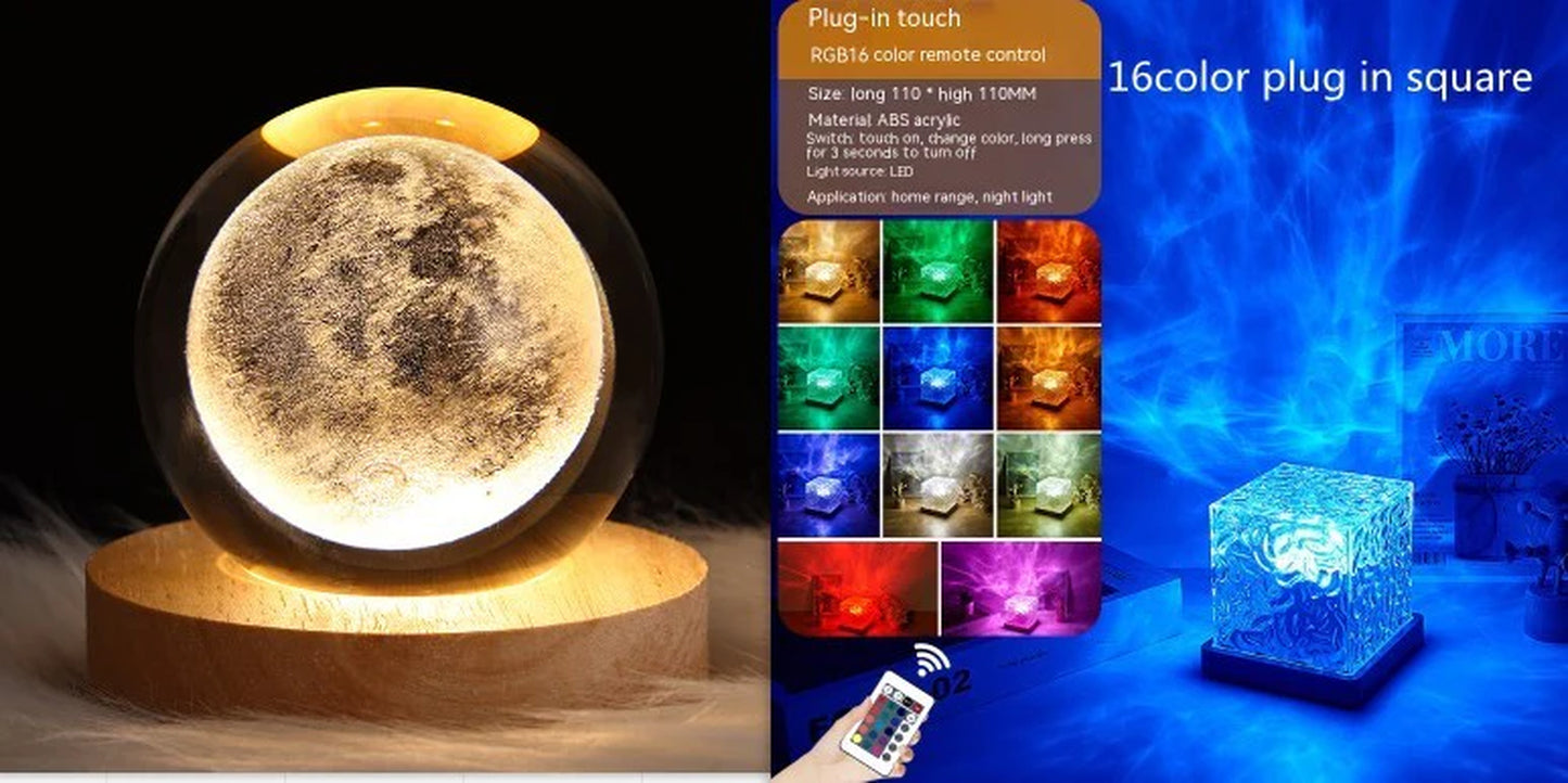 RGB LED Water Ripple Night Light - Dimmable Rotating Projection Table Lamp with 16 Colors - Perfect Home Decor Gift